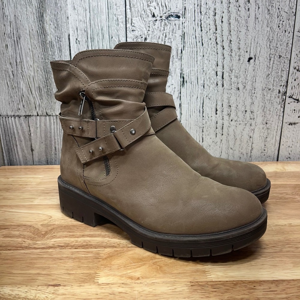 Ruiee Womens Taupe Slouchy Ankle Boots Studded Buckle Strap Side Zip Lug Sole 10